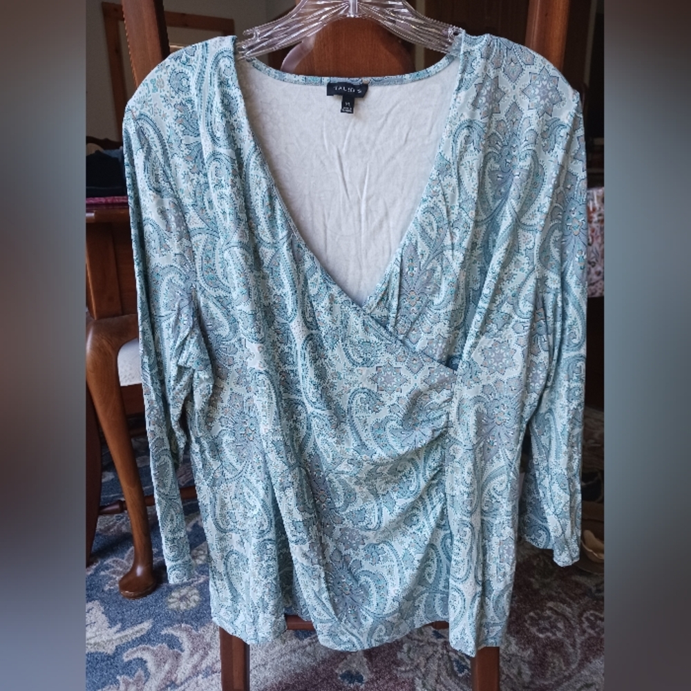 Talbots Faux Wrap V-neck Top Long Sleeved Pale Aqua EUC XL